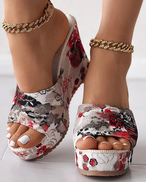 "ROSE GARDENS" VINTAGE FLORAL PRINT WEDGE SHOES