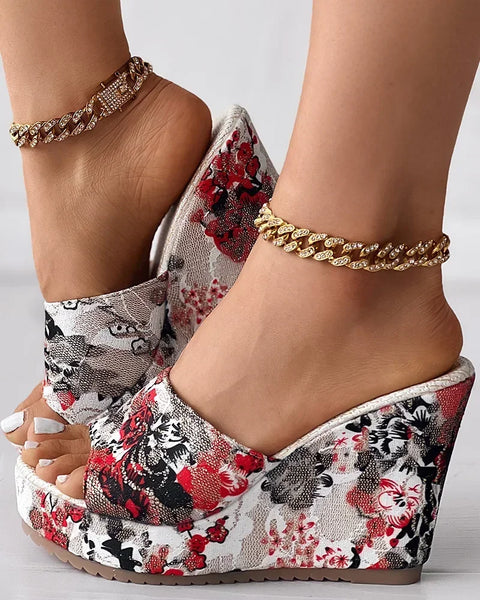 "ROSE GARDENS" VINTAGE FLORAL PRINT WEDGE SHOES